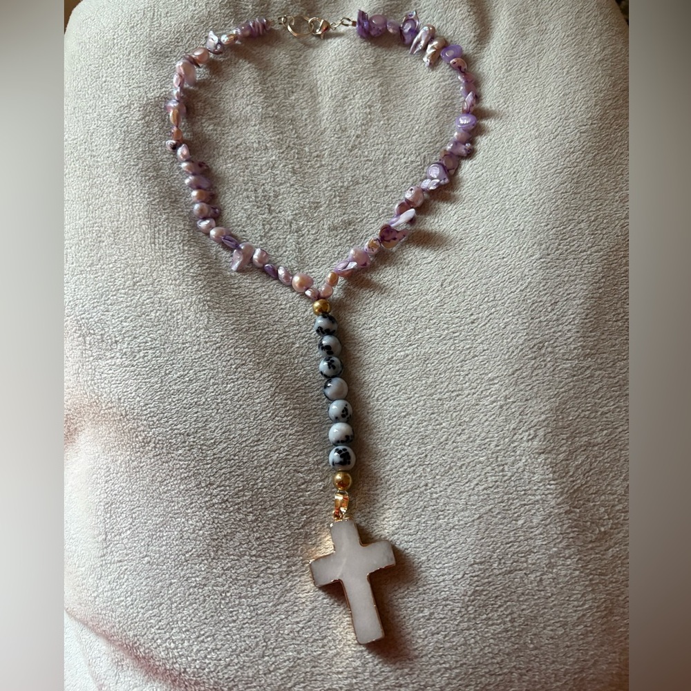 Handmade purple necklace with white cross lariat style